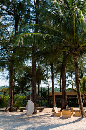 Summer landscape on tropical Koh Kood island in Thailand. Panorama of white sand beach with coconut palms taken on Klong Chao.の写真素材