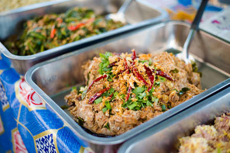 Fresh fried selection of thai food on market. Traditional thai cuisine.の写真素材