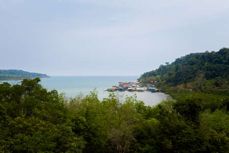 Summer landscape on tropical koh Kood island in Thailand. Panorama with Ao Yai fishermans village taken from viewpoint.の写真素材