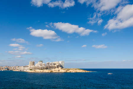 Colorful touristic landscape of Port in Msida on Malta island. Beautiful seascape in south Europe.の写真素材