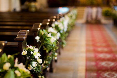 Christian detaill - church decoration for wedding marriage ceremony. Romantic floral concept.の写真素材