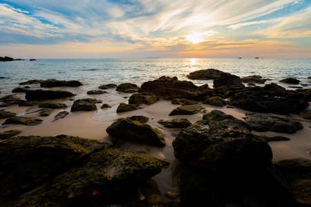 Summer seascape on tropical koh Kradan island  in Thailand. Landscape taken on sunset beach with blue sky, coral reef and white sand.の写真素材