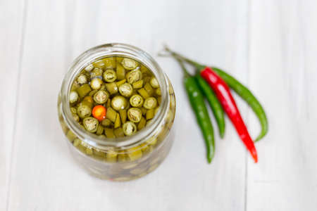 Homemade DIY natural thai green chilli infused vinegar Thailand cousineの写真素材