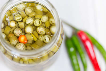 Homemade DIY natural thai green chilli infused vinegar Thailand cousineの写真素材