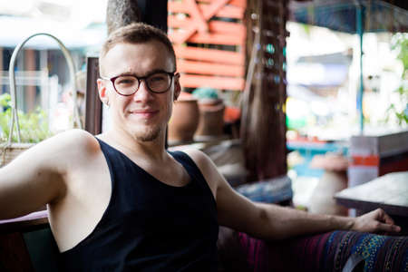 Tourist in local restaurant in Bangkok, Holiday in south east Asia.の写真素材