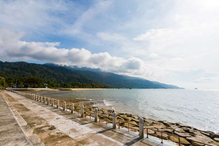 Promenade boardwalk in Tekek village on tropical Tioman island in Malaysia. Beautiful landscape of south east asia.の写真素材