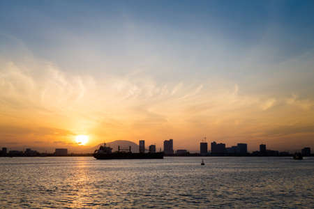 Landscape on Georgetown on Penang island in Malaysia. Beautiful seascape and harbor during surise taken from ferry.の写真素材