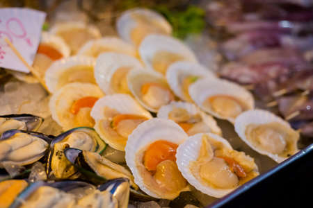 Fresh raw asian scallops in shells on local market in Krabi town. Traditional thai cuisine made of fresh ingredients.の写真素材