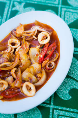 Fresh prepared malaysian sambal udang prawns with sauce served in local restaurant on Langkawi...