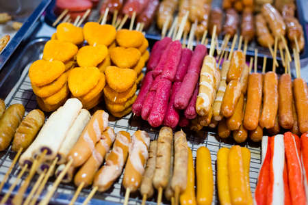 Fresh prepared malaysian skewer selection served on local night market on Langkawi island. Traditional asian cuisine made of fresh ingredients.の写真素材