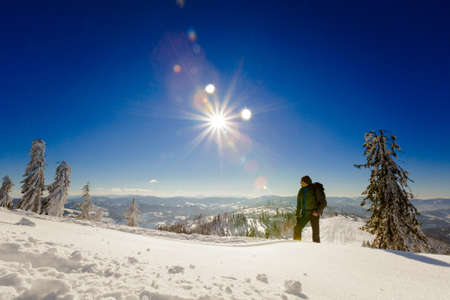 Beautiful panorama with young tourist having long trekking taken in polish mountains Beskidy on the...