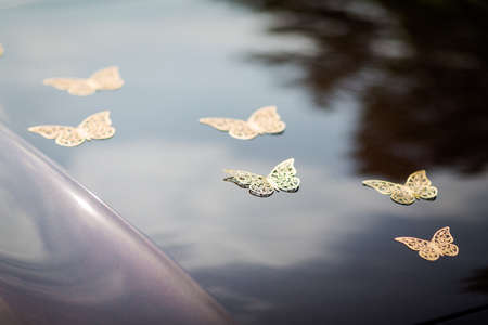 Wedding detail - beautiful car decoration made of butterfliesの写真素材