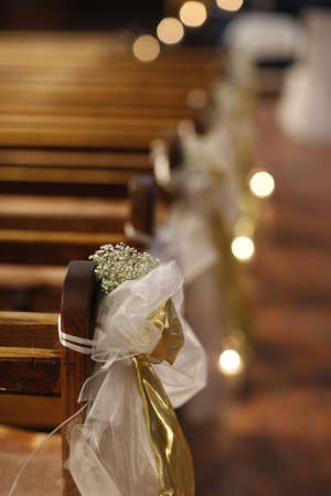 Christian detaill - church decoration for wedding marriage ceremony. Romantic floral concept.の写真素材