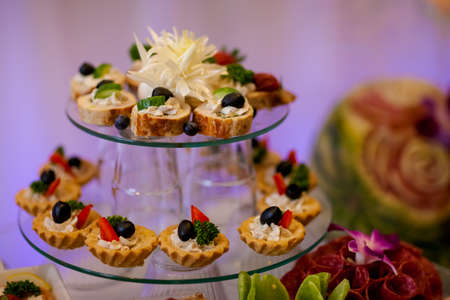 Reception buffet tables with regional food from Poland. Luxury concept