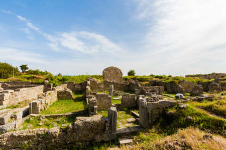 Beautiful ancient architecture of Side city in Turkey, Antalya. Beautiful old archeological park.の写真素材