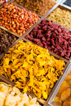 Candied fruits in Beautiful ancient Side city in Turkey, Antalya. Beautiful old archeological park.