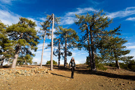 Young woman on beautiful mount Olympus during trekking. Landscape taken in Troodos mountains on...