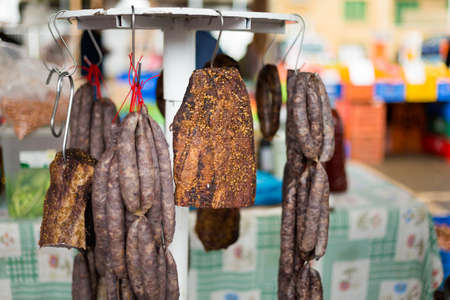 Selection of fresh local meat specialities on local market in capital city Nicosia. Food on Cyprus island.の写真素材