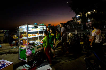 Phu Quoc, Vietnam - January 2020 : Night market in Dinh Cau, Phu Quoc. Local fresh food market.のeditorial素材