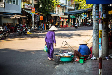 Nha Trang, Vietnam - February 15, 2020: Colorful morning market. Local fresh food stalls close to Po Nagar Cham Towersのeditorial素材