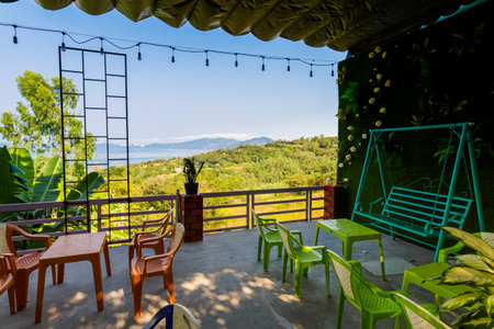 Vietnam coastal motorbike - nice cafe on the trip to Qui Nhon. Landscape with blue sky during sunny day on the north of Tuy Hoa.の写真素材
