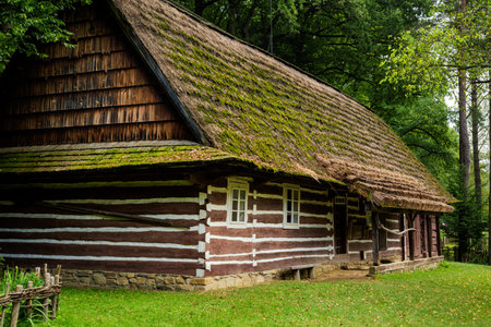 Sanok Poland - 28.08.2020 - View at the Wooden houses of Rural Architecture Museum in Sanok. 
Beautiful landscape photo of the biggest open-air museums in Poland taken during summer,のeditorial素材