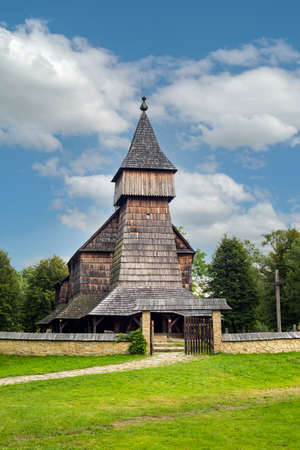Sanok Poland - 28.08.2020 - View at the Wooden houses of Rural Architecture Museum in Sanok. 
Beautiful landscape photo of the biggest open-air museums in Poland taken during summer,のeditorial素材