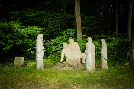 Sanok Poland - 28.08.2020 - View at the Wooden houses of Rural Architecture Museum in Sanok. Beautiful landscape photo of the biggest open-air museums in Poland taken during summer,のeditorial素材