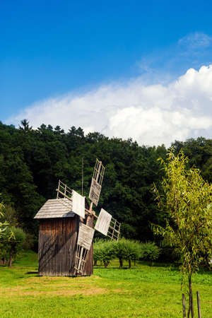 Sanok Poland - 28.08.2020 - View at the Wooden houses of Rural Architecture Museum in Sanok. 
Beautiful landscape photo of the biggest open-air museums in Poland taken during summer,のeditorial素材