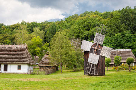 Sanok Poland - 28.08.2020 - View at the Wooden houses of Rural Architecture Museum in Sanok. Beautiful landscape photo of the biggest open-air museums in Poland taken during summer,のeditorial素材