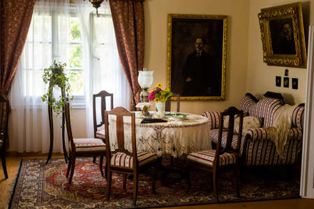 Sanok Poland - 28.08.2020 - View at the Wooden houses of Rural Architecture Museum in Sanok. 
Beautiful landscape photo of the biggest open-air museums in Poland taken during summer,のeditorial素材