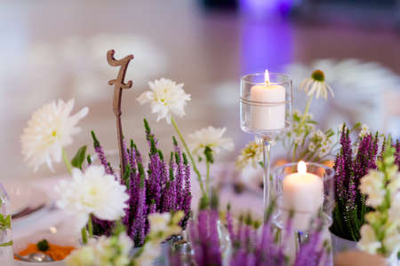 Reception tables beautifully decorated ready for wedding - Bride and Groom. Luxury conceptの写真素材