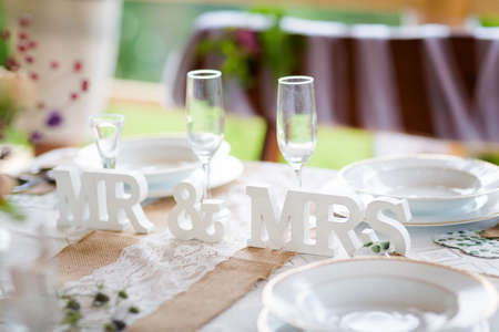 Reception tables beautifully decorated ready for wedding - Bride and Groom. Luxury conceptの写真素材