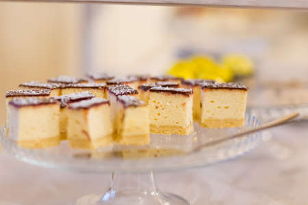 Reception tables beautifully decorated with cakes ready for wedding - Bride and Groom. Luxury conceptの写真素材