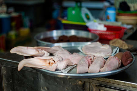 Delicious colorful local food - fresh meat on the market. Traditional vietnamese cuisine in Ho Chi Minh, Vietnam.の写真素材