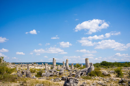 Summer beautiful lanscape of the stone desert, Pobiti Kamani park in Bulgaria.Scenic photo with blue skyの写真素材