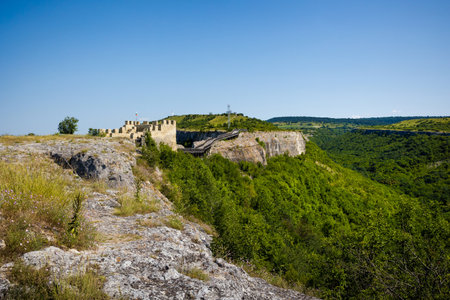 Summer beautiful photo of Ovech Fortress in Provadia, Bulgaria, Varna province. Landscape with blue...