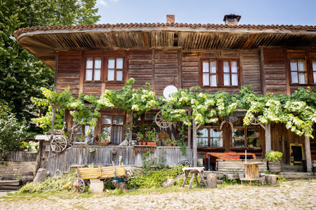 Summer landmark photo of old and authentic bulgarian Zheravna village. Landscape with blue sky in Bulgariaのeditorial素材