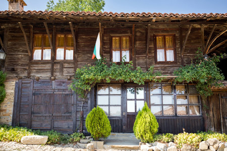 Summer landmark photo of old and authentic bulgarian Zheravna village. Landscape with blue sky in Bulgariaのeditorial素材