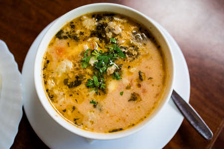 Delicious colorful local food lamb tripe soup in a restaurant. Traditional bulgarian cuisine in Bulgaria.の写真素材