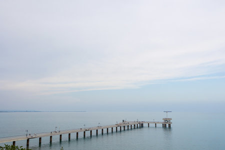 Summer in beautiful Burgas city in Bulgaria. Landscape with pier above the seaの写真素材