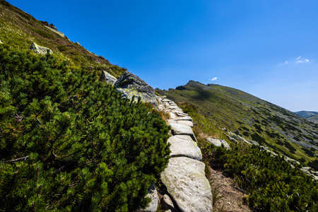 Beautiful path around Chopok and Dumbier mountain with Stefanika shelter - in slovakian low Tatra mountains. Summer panorama with great weather and blue skyの写真素材