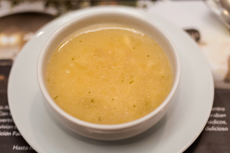 Fresh prepared mexican soup served in local restaurant in Puebla. Traditional mexican cuisine made of fresh ingredients.の写真素材