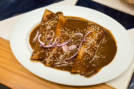 Fresh prepared vegetarian enchiladas with mole sauce served in local restaurant in Puebla....