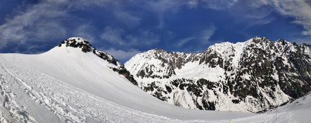 Beautiful panorama in winter Tatry mountains, Five Lakes Valley, Dolina Pieciu Stawow with snow....