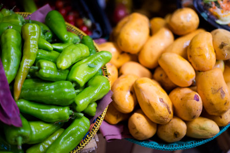 Fresh vegetables and fruit stall on local market in Oaxaca. Traditional mexican fresh vegetable