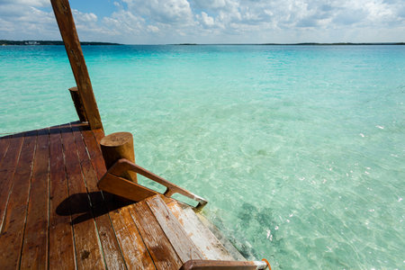 Beautiful landscape - wooden pier in Laguna Bacalar in Mexico during kayak trip.の写真素材