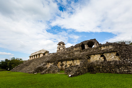 Beautiful pyramids in Palenque archaeological site in Mexico. Vivid landscape photo.の写真素材