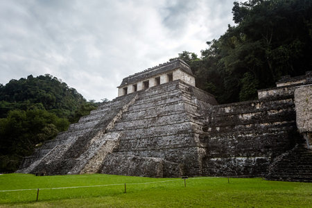 Beautiful pyramids in Palenque archaeological site in Mexico. Vivid landscape photo.の写真素材