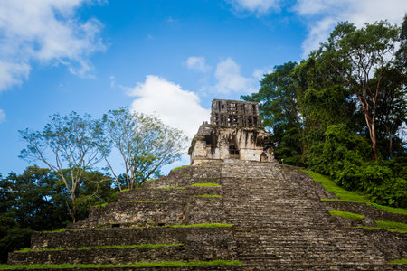 Beautiful pyramids in Palenque archaeological site in Mexico. Vivid landscape photo.の写真素材